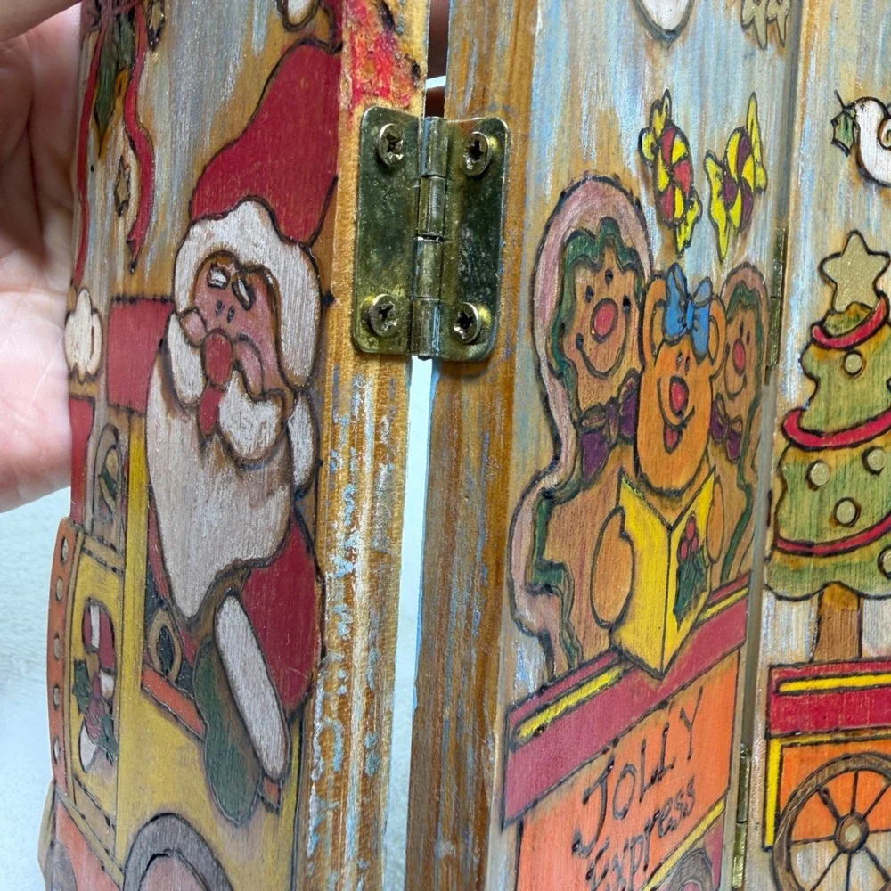 VTG Handmade Hand Painted Wood Christmas Jolly Express Train Folding Decoration
